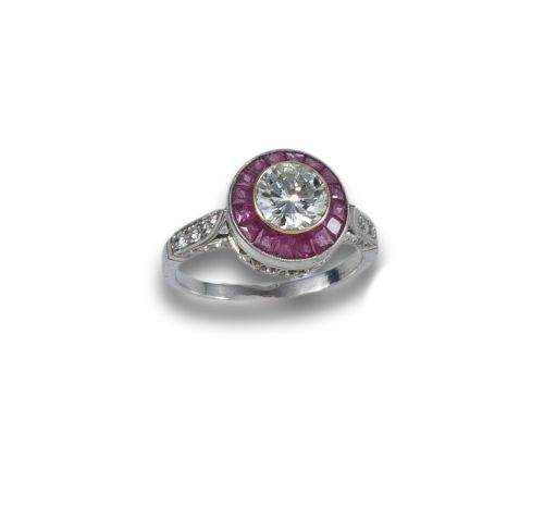 PLATINUM HALO RING, RUBY, AND DIAMOND