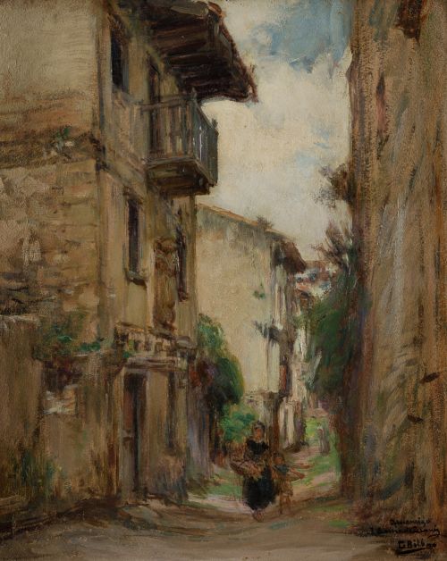 GONZALO BILBAO, "Personajes paseando por el pueblo", Óleo s