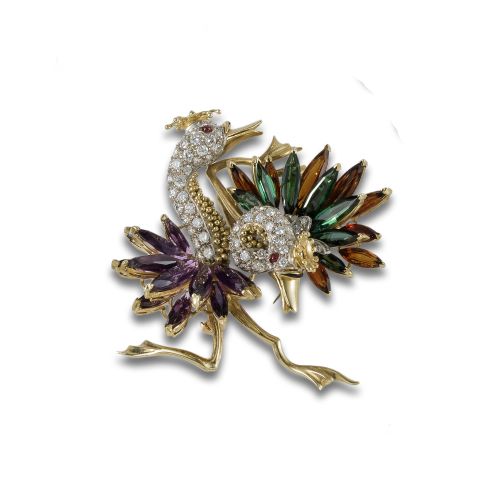 GOLD SWAN BROOCH WITH DIAMONDS, AMETHYSTS, CITRINES AND TOU