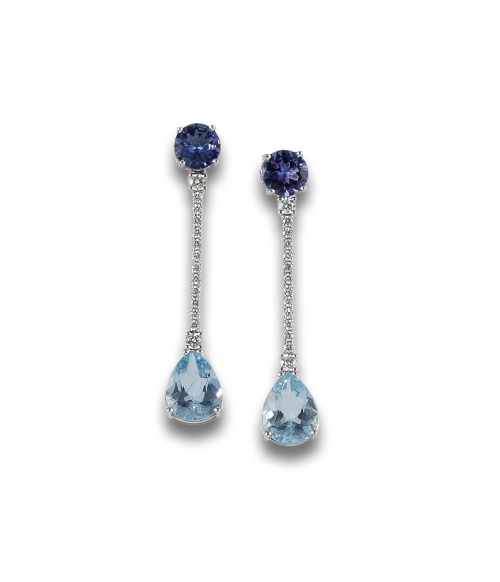 WHITE GOLD EARRINGS WITH TANZANITE, AQUAMARINE AND DIAMONDS