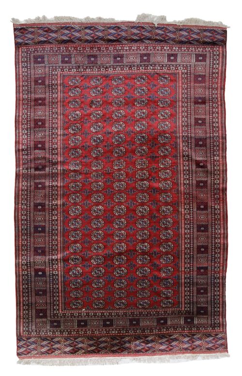 Hand-knotted Bukhara rug in wool and silk, 20th century