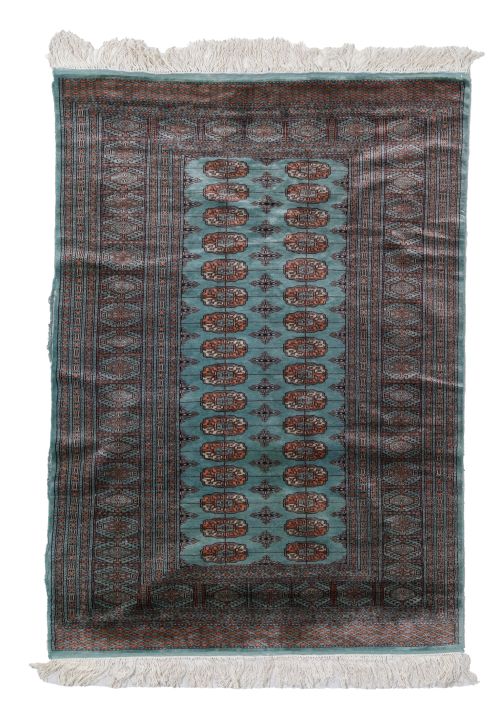 Sky blue Bokhara rug in hand-knotted silk and wool, 20th ce