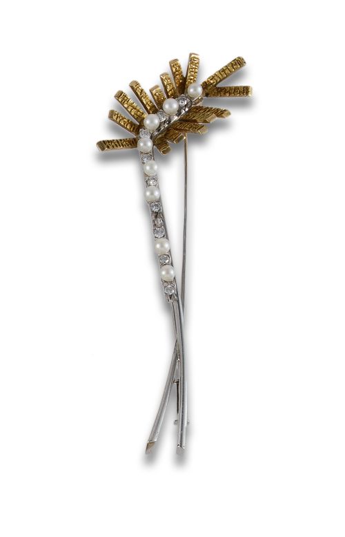 ALFILER DE ORO Y PLATINO CON PERLAS Y DIAMANTES