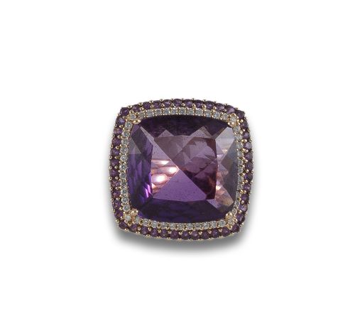 SORTIJA DE ORO ROSA CON AMATISTA Y BRILLANTES
