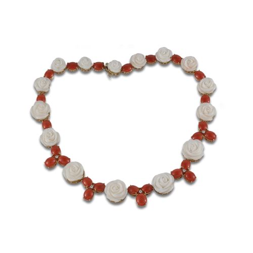COLLAR CORALES BLANCO Y ROJO Y DIAMANTES