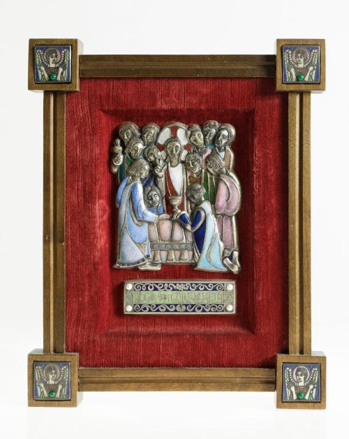 "Last Supper", silver-plated metal relief with fired enamel