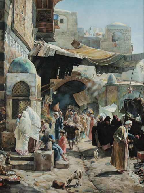 GUSTAV BAUERNFEIND, "Escena callejera en Jaffa", 1887, Acua