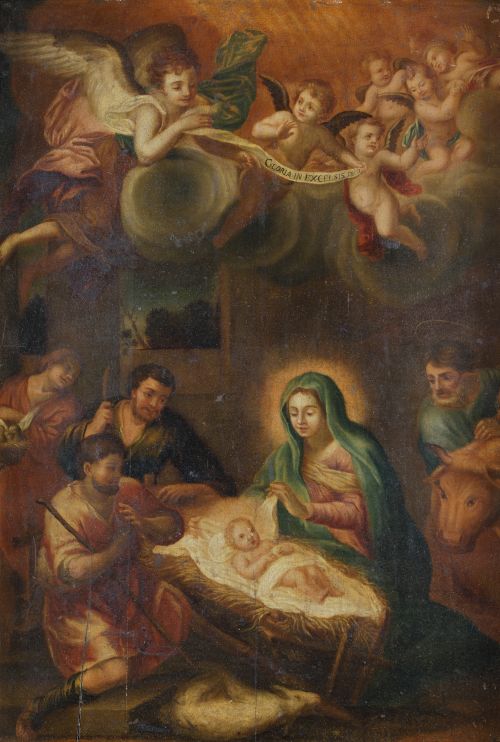ESCUELA ROMANA , "Adoración de los pastores", Óleo sobre ta