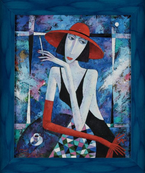 EDUARDO NIKANOROV, "Tomando café", Óleo sobre cartón