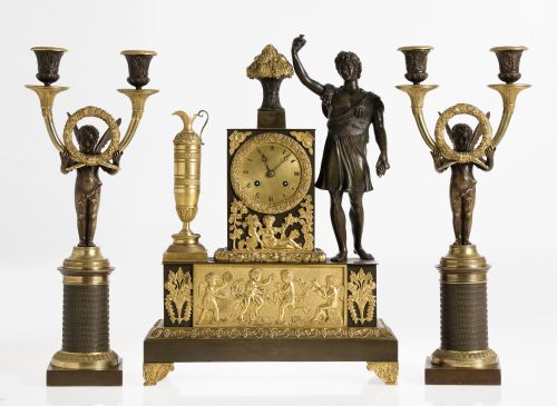 Guarnición de reloj y pareja de candelabros imperio, Franci