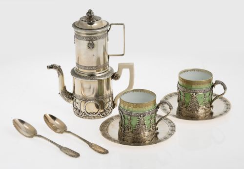 Juego de café imperio de plata, ley 950, Mellerio, Francia,