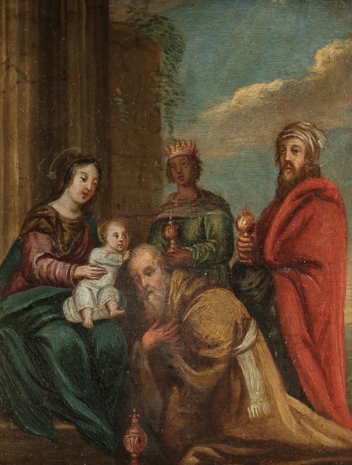  ESCUELA FLAMENCA, “Adoración de los Magos”, Óleo sobre cob