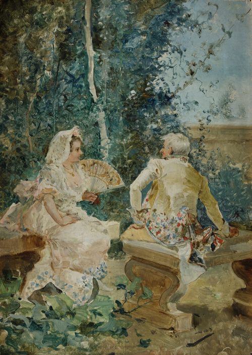 EUGENIO LUCAS VILLAAMIL, “Escena galante”, Óleo sobre tabla 