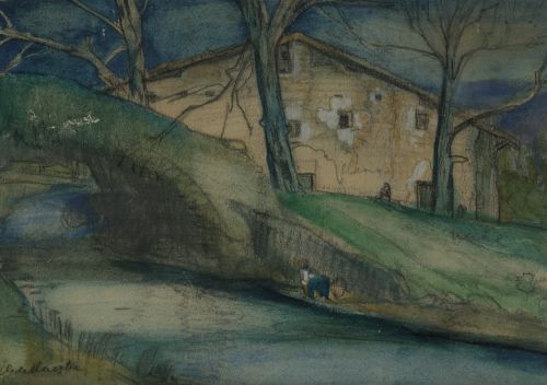 GUSTAVO DE  MAEZTU, "Caserío junto a un río con lavandera",