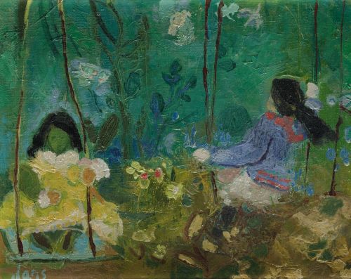 MARIA ANTONIA DANS, "Niñas en los columpios", Óleo sobre li