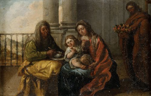 ESCUELA ESPAÑOLA, "Sagrada Familia", Óleo sobre cobre.