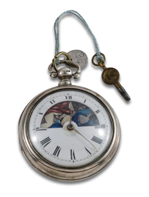 PORNOGRAPHIC SILVER CATALINO CLOCK. CA. 1840.