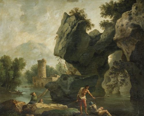 ESCUELA FRANCESA, "Pescadores en paisaje", Óleo sobre lienzo