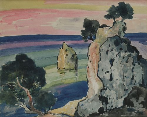 DIONIS BENNASAR, "Paisaje costero", Tintas y acuearela sobr