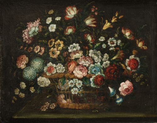 ANÓNIMO, "Pareja de bodegones con flores", Dos óleos sobre 