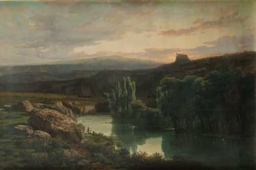 LLUIS RIGALT I FARRIOLS, "Paisaje con pescadores en el rio 