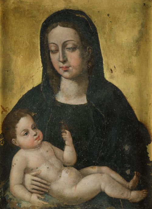 ANÓNIMO S. XVI, "Virgen con el Niño", Óleo sobre cobre.