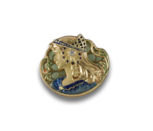 MEDALLA MODERNISTA DE ORO CON ESMALTE Y BRILLANTES