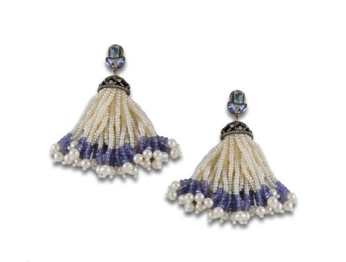 PENDIENTES DE ORO DE 14K Y PLATA, DIAMANTES, PERLAS, AGUAMA