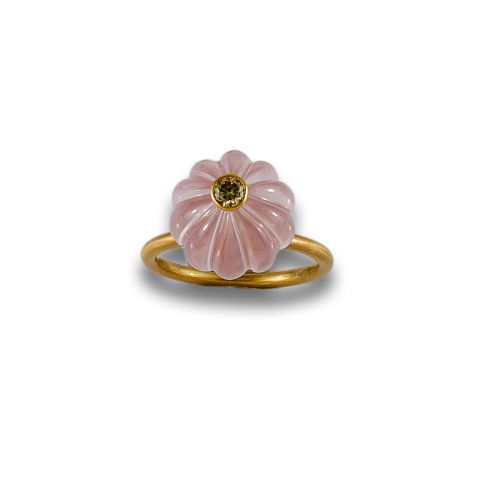 SORTIJA DE ORO DE 14K CON CUARZO ROSA Y DIAMANTE