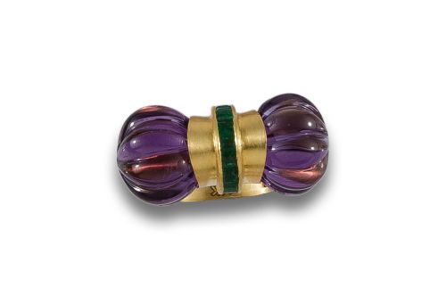 SORTIJA DE ORO DE 14K, AMATISTA Y ESMERALDA