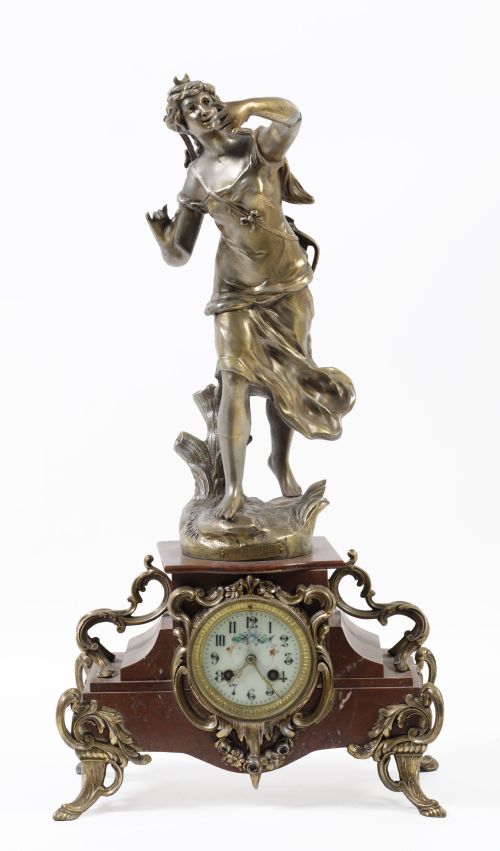 Reloj de mesa de mármol rojo y calamina, Francia, pps. S. X