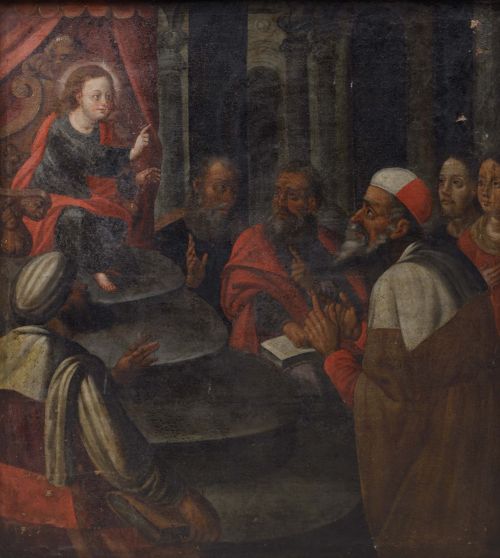 ESCUELA ESPAÑOLA, "Jesus entre los doctores", Óleo sobre li