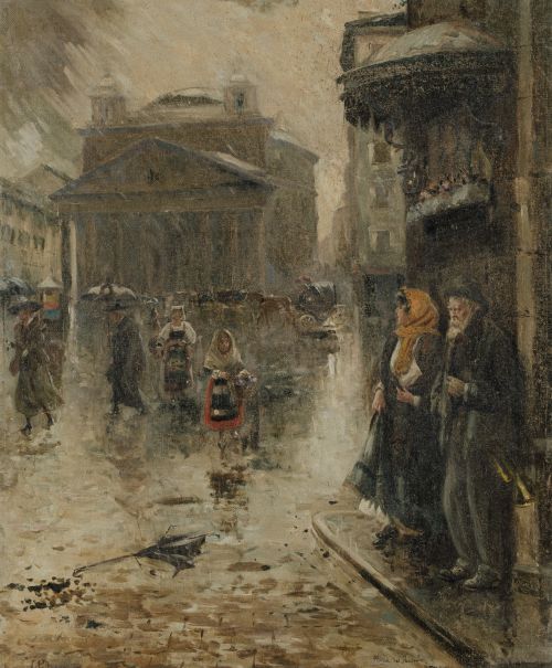 JOAQUIN PALLARES, “Plaza del Panteón en Roma”, Óleo sobre