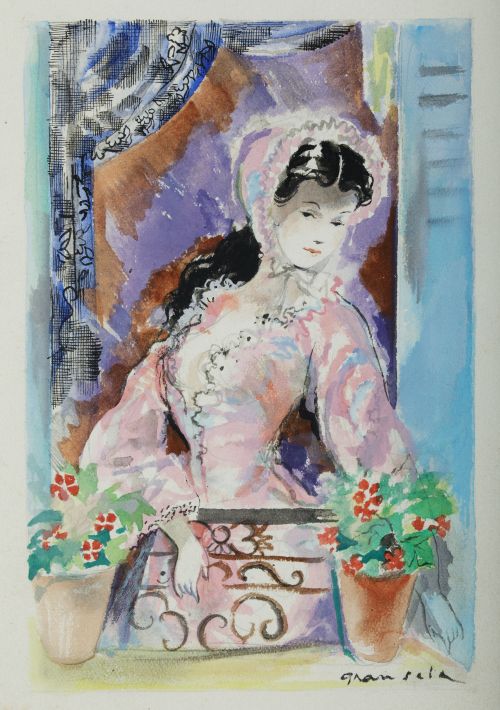 EMILIO GRAU SALA, “Mujer en el balcón” 1945, Acuarela, goua