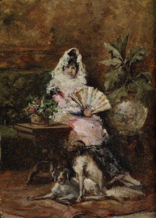 LUIS JIMENEZ ARANDA, “Dama sentada con abanico”, Óleo sob