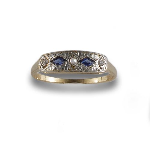 SORTIJA ART DECO DE ORO, DIAMANTES Y ZAFIROS