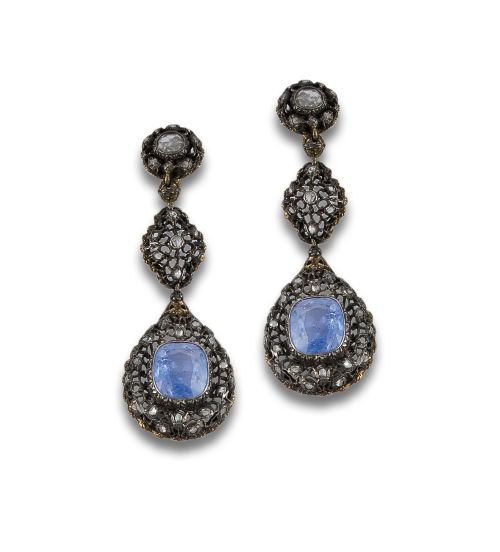 PENDIENTES LARGOS DE FINALES DEL S.XIX CON DIAMANTES Y ZAFI