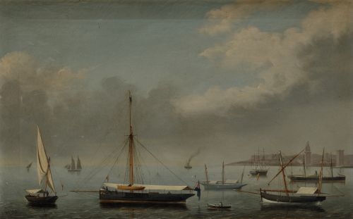 FRANCISCO VIDAL, "Veleros atracados junto a la entrada de u
