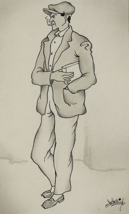 NORBERTO  BEBERIDE, "Caballero fumando", Tinta y aguada gri