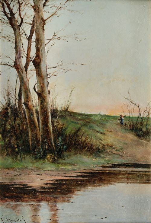 FÉLIX MUNILLA, "Paisaje rural con campesina", Óleo sobre ta