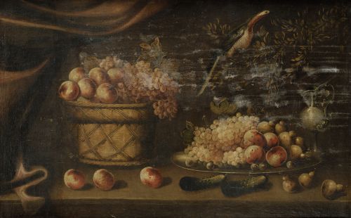 BLAS DE LEDESMA, "Naturaleza muerta con ave y frutas", Óleo