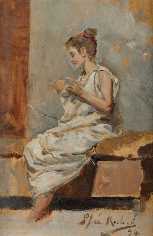 ALBERTO PLA Y RUBIO, "Dama clásica", 1894, Óleo sobre tabla
