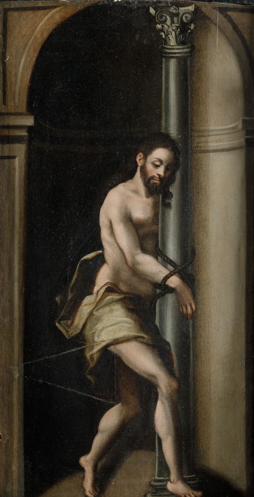 ESCUELA ESPAÑOLA, "Cristo atado a la columna", Óleo sobre t