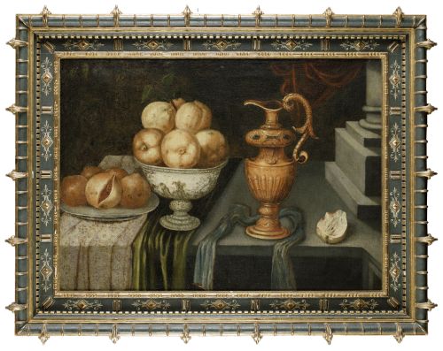 ESCUELA ESPAÑOLA, "Bodegón con jarra, frutero con membrillo
