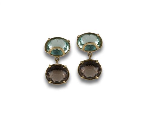 PENDIENTES DE ORO Y CUARZOS VERDE Y MARRON