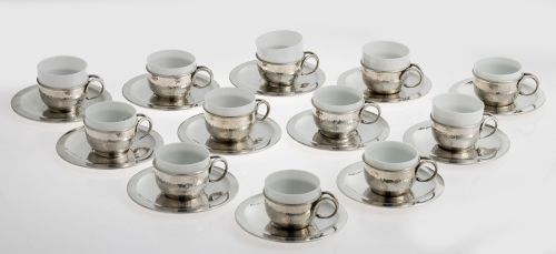 Juego de café de plata y opalina, España, S.XX