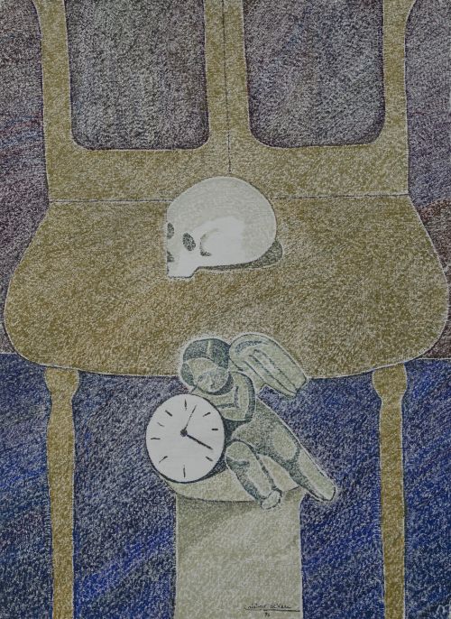 CRISTINO DE VERA REYES, "Reloj y banco", 1976, Óleo sobre l