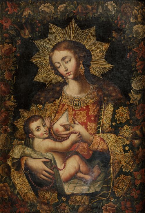 ESCUELA CUZQUEÑA , "Virgen de la Leche", Óleo sobre lienzo.