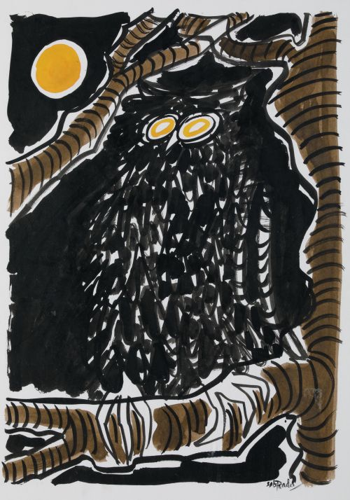 PEDRO SOBRADO, "Búho", Tinta y acuarela sobre papel