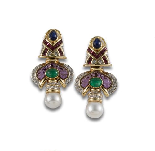 PENDIENTES LARGOS DE ORO Y  MULTIGEMAS